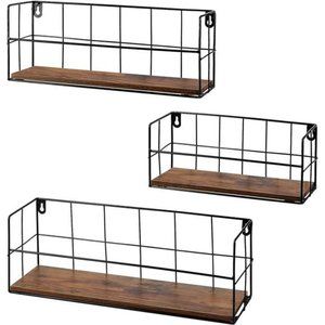 Floating Wall Shelves Set of 3,Rustic Wood Wire Frame Hanging Shelf for Bathroom